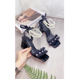Giày sandal cao gót nữ quai ngọc trai thắt nơ 7 phân