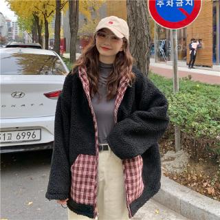 Áo khoác len lông cừu dáng rộng họa tiết sọc caro thời trang mùa đông cho nữ