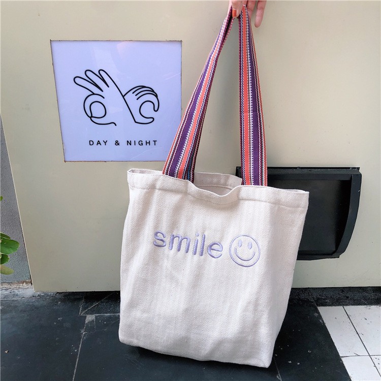 [CÓ SẴN-TPHCM] TÚI TOTE CHẤT VẢI DÀY THÊU CHỮ SMILE TÍM