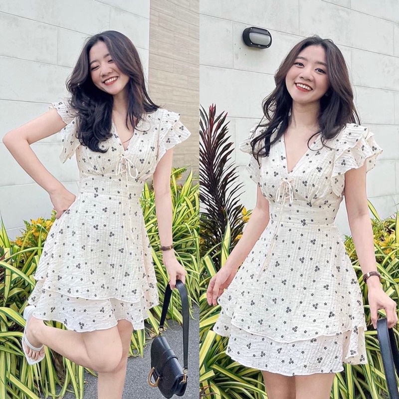 Váy Hoa Nhí Tay Cánh Tiên, Đầm Xoè Hoa Nhí Đũi Mát