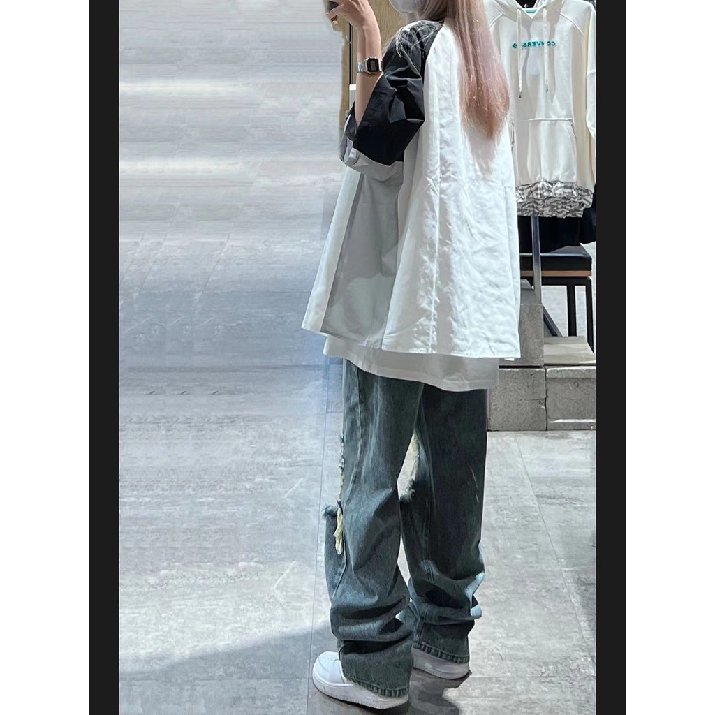 Quần jeans Nữ Lưng Cao Ống Đứng Rách Gối Thời Trang Mỹ