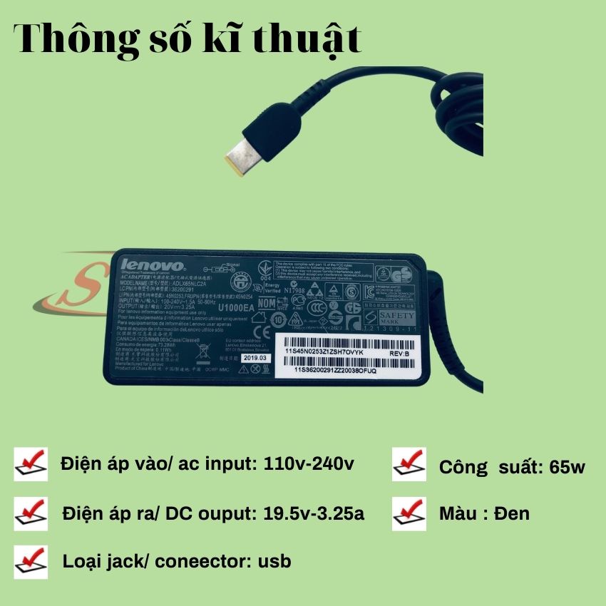 Sạc laptop lenovo 3,25 chân usb savintech, sạc máy tính lenovo zin cao cấp chân vuông bảo hành 12 tháng