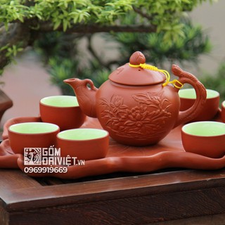 Bộ ấm chén uống trà tử sa Bát Tràng đắp nổi sen khay lá sen