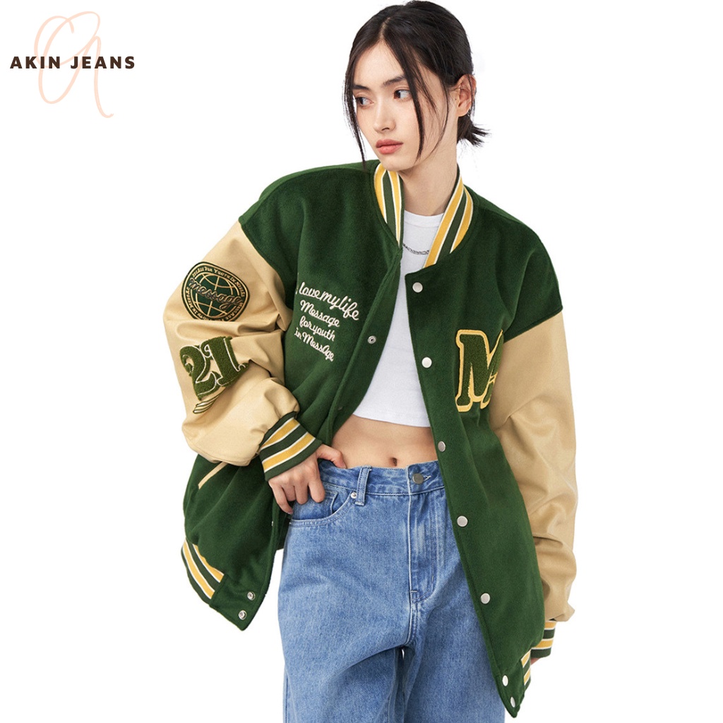 Áo Khoác Bomber  Vải Nỉ Phối Tay Hoạ Tiết, Akin Jeans, Áo Bomber Unisex Form Rộng Phong Cách Ullazang Hàn Quốc, APND