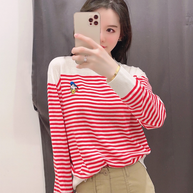 Áo sweater ZHELIHANGFEI dệt kim dáng rộng họa tiết kẻ sọc phong cách retro thời trang trẻ trung
