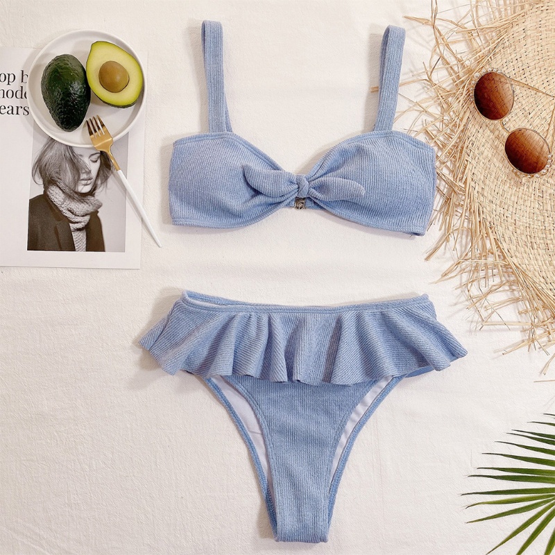 Bộ Đồ Bơi Bikini 2 Mảnh Phối Bèo Lưng Cao Có Gân Và Dây Cột Phía Trước Quyến Rũ Cho Nữ