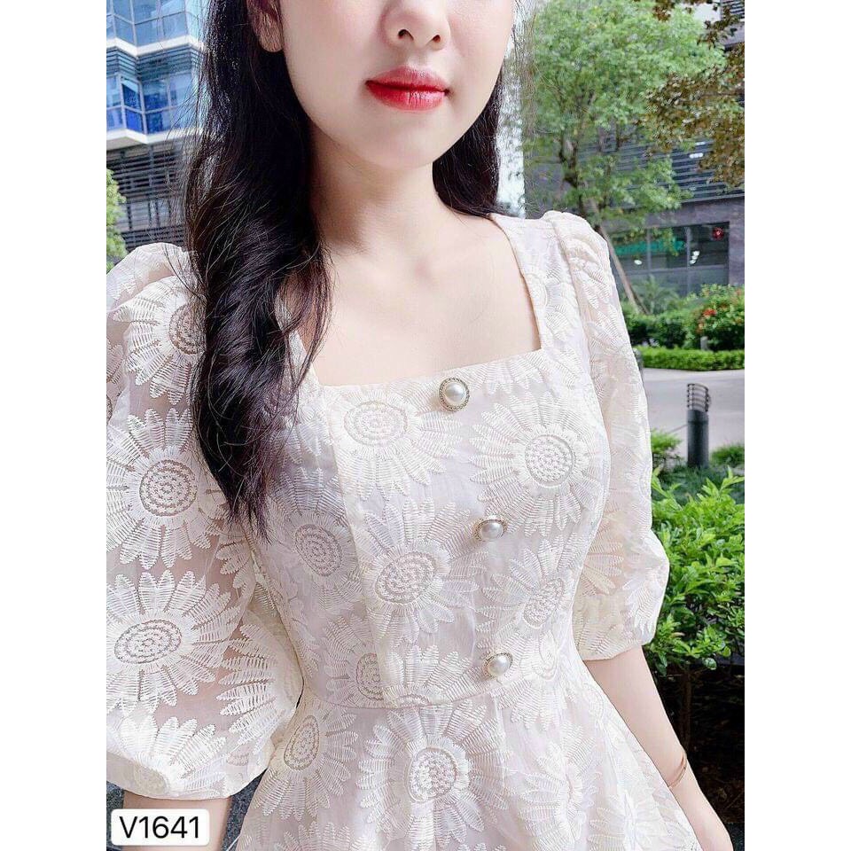 Đầm thiết kế đẹp, váy xòe phối ren trắng hoa cúc nổi cao cấp (ảnh thật)