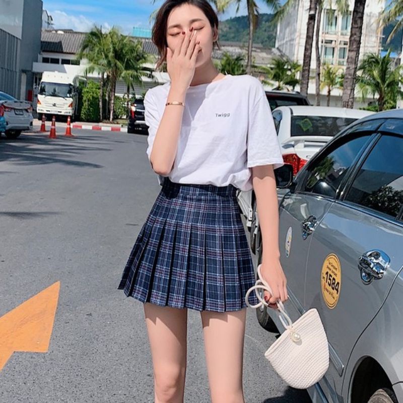 Chân váy kẻ ngắn xếp ly tennis phong cách nữ sinh Hàn QC