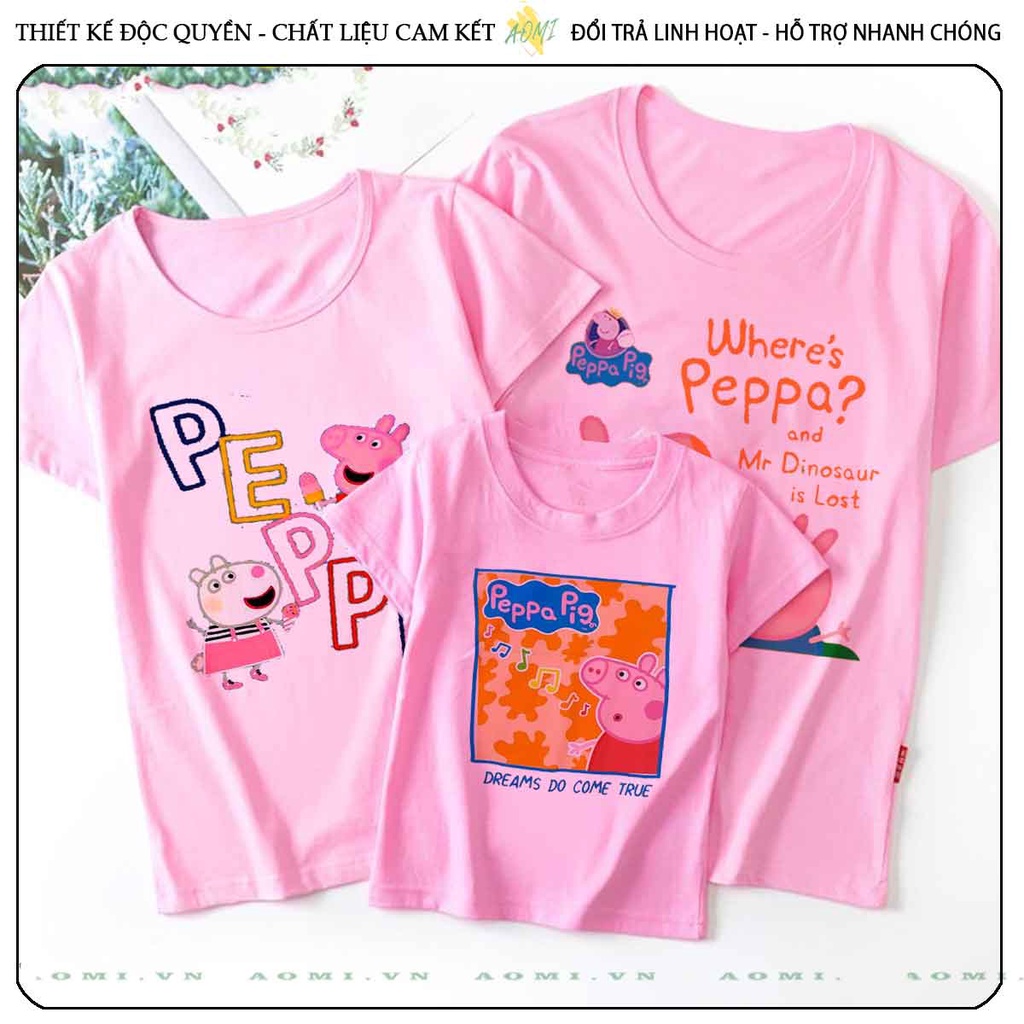 ÁO THUN heo peppa UNISEX PHÔNG HỒNG TAY NGẮN NAM NỮ GIA ĐÌNH CẶP ĐÔI SIZE TRẺ EM BÉ TRAI GÁI AOMIVN