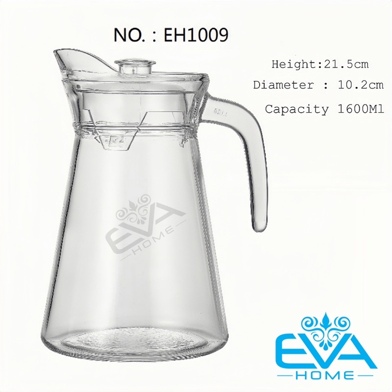 Bình Thuỷ Tinh Đựng Nước 1.6L Miệng Rót Dáng Eo Thẳng Quai Cầm EH1009 Glass Pitcher Modern Pot 1600 ML