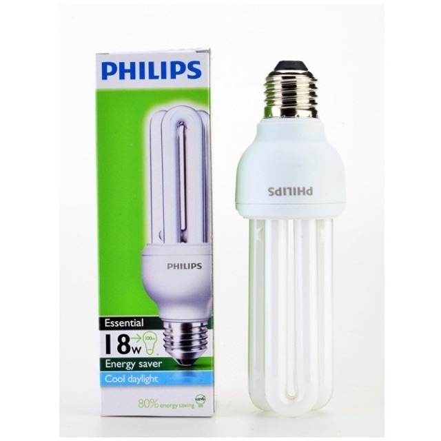 Bóng đèn Compact 3U tiết kiệm điện Philips Essential 18W 6500K E27 - Ánh sáng trắng - chính hãng có sẵn