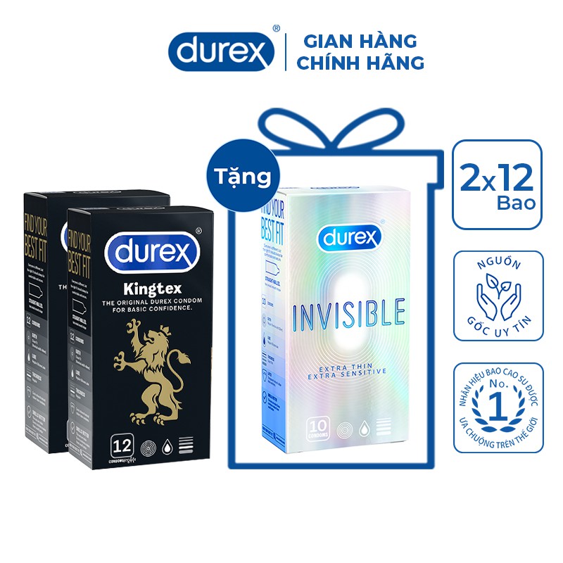 Bộ 2 hộp Durex Kingtex 12 bao/hộp + tặng 1 hộp Durex Invisible 10 bao/hộp