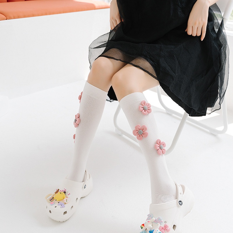 Vớ Dài Qua Gối Vải Cotton Dệt Kim Mỏng Họa Tiết Hoa 3D Kiểu Lolita Nhật Bản Dễ Thương Cho Nữ Sinh