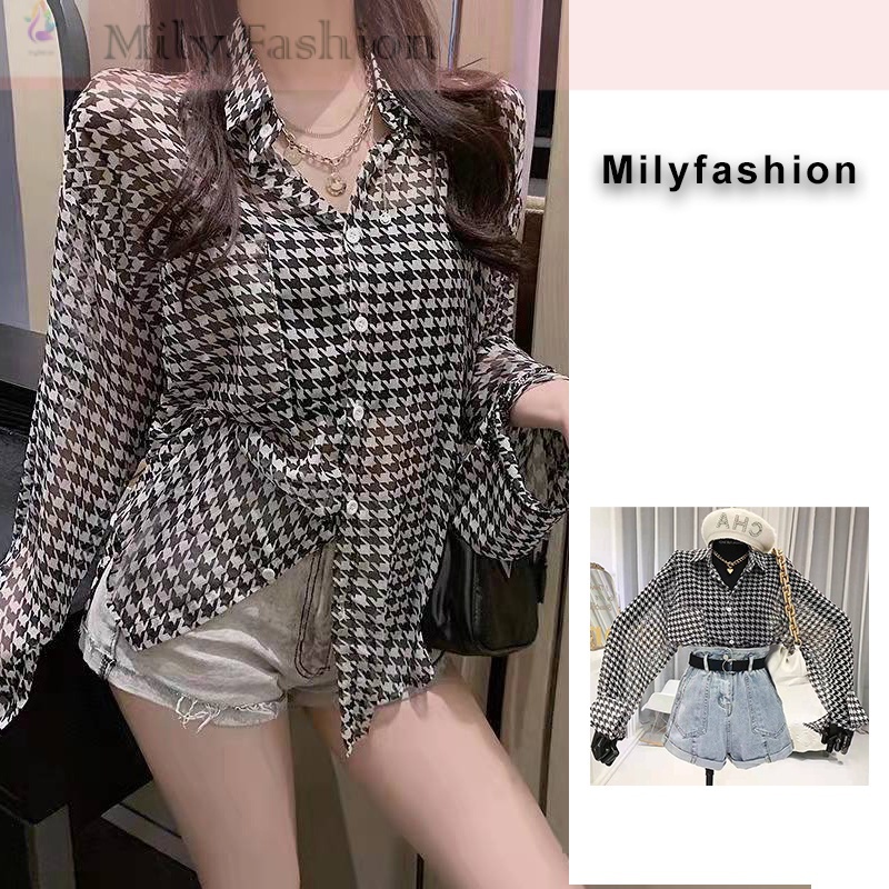 Áo Sơ Mi Chống Nắng Dáng Rộng Họa Tiết Houndstooth Mẫu Mới Phong Cách Retro Hong Kong Thời Trang Mùa Hè 2021