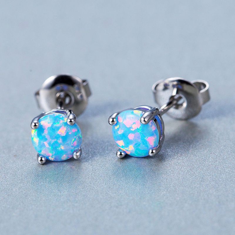 Khuyên Tai Tròn Mạ Bạc Đính Đá Opal Xanh 6mm