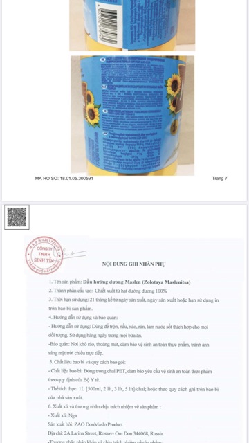 Dầu hướng dương Nga 1L nguyên chất 100% - Dầu hướng dương cao cấp đầy đủ giấy tờ 1 Lít