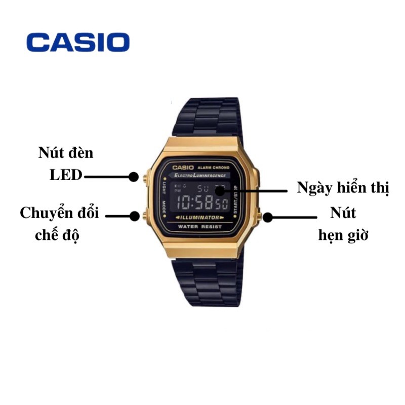 Đồng hồ  nam nữ Casio điện tử chính hãng mặt vuông chống nước 3ATM , dây kim loại - đồng hồ A168