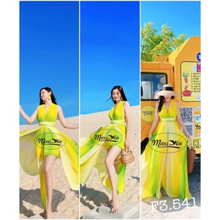 Đầm maxi váy đi biển ombre xanh chuối loang màu dây chéo hở lưng xẻ tà f3.541 maxi yến