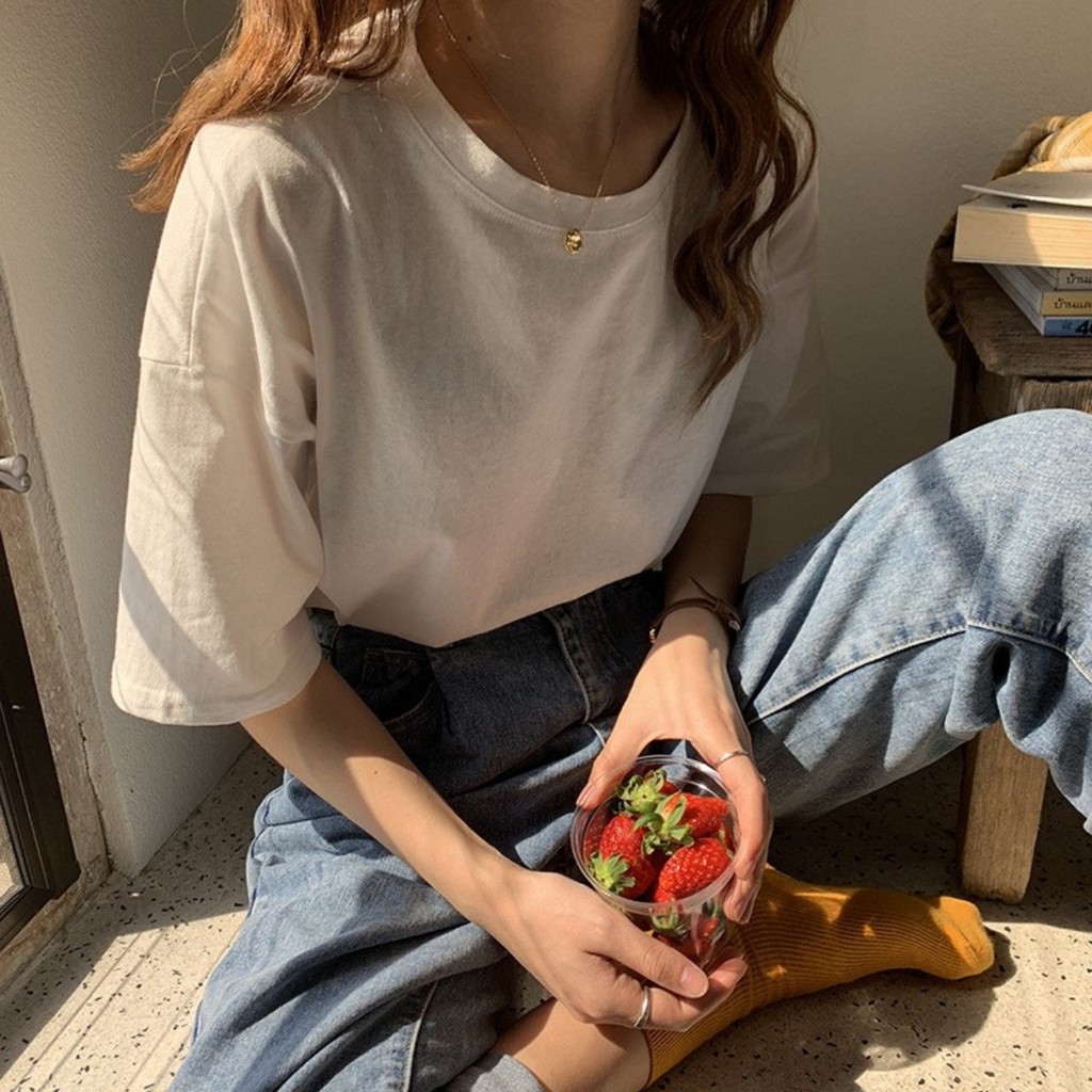 áo thun tay lỡ màu trắng FOME RỘNG có chọn size, chất thun xịn 0ffk29