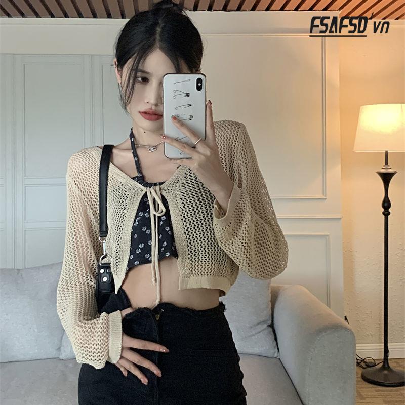 Áo Cardigan Dệt Kim Tay Dài Cổ Chữ v Thiết Kế Thoáng Khí Thời Trang Mùa Hè Xinh Xắn Cho Nữ