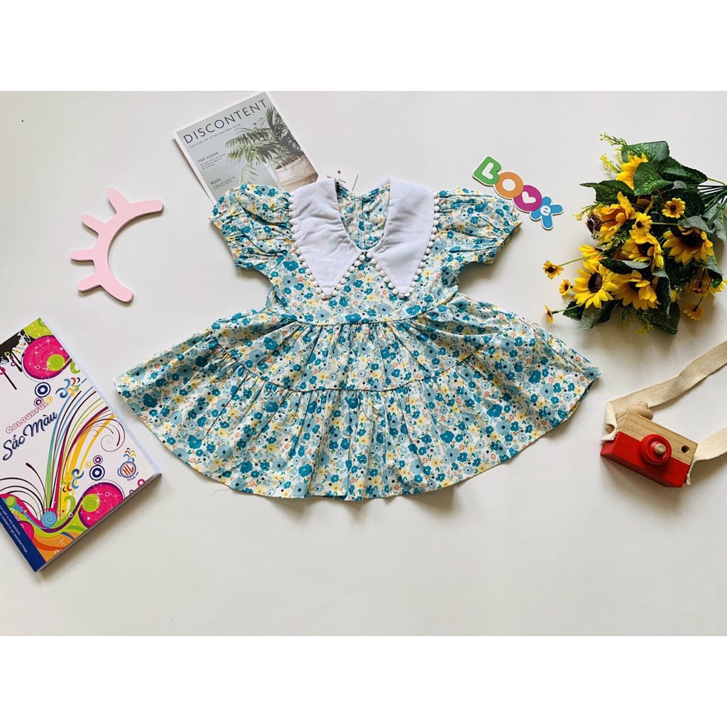 ĐẦM HOA NHÍ XANH CỔ REN CHO BÉ GÁI