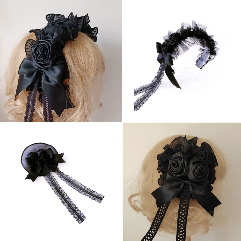 Cài Tóc Đính Hoa Màu Đen Phong Cách Lolita Tinh Tế Cho Nữ