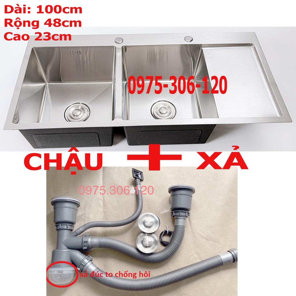 {CHẬU ĐÚC} Chậu Rửa Chén Bát 100% INOX SUS 304 N1 10048 NA.GRAND và Xả Chậu to 2 lớp thoát nước nhanh