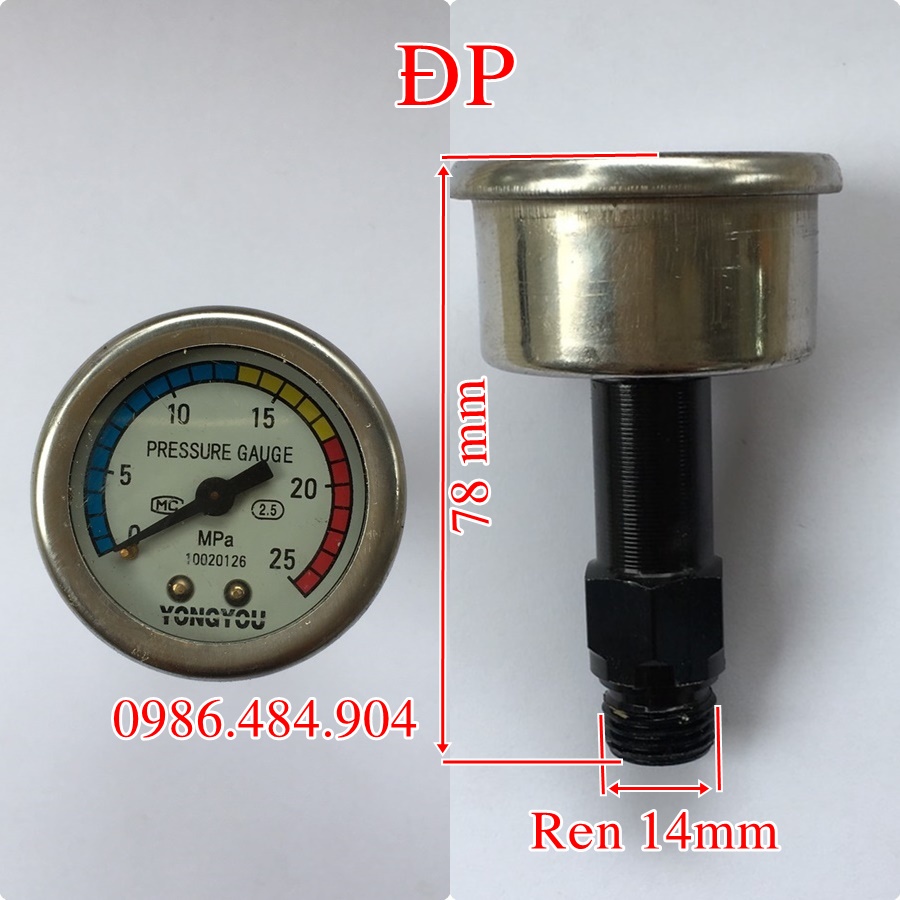 Đồng hồ áp lực máy rửa xe mini gia đình, dài 78 mm ,ren 14 mm