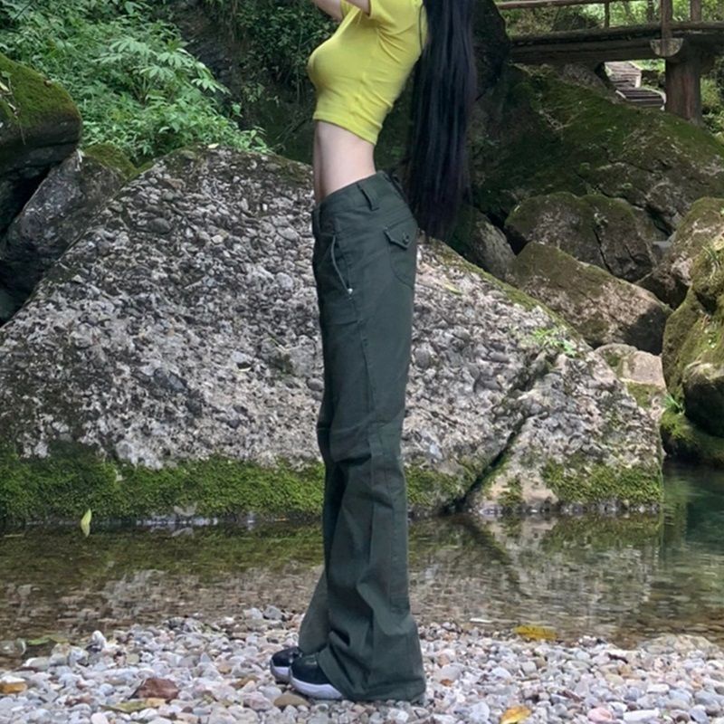 ◄Quần Yếm Jean Dài Lưng Thấp Màu Xanh Lá Đậm Phong Cách Âu Mỹ Thời Trang Mùa Hè Cho Nữ