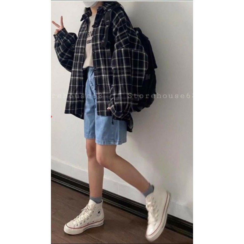 Sơ mi Hàn form rộng oversize, Áo Sơ Mi Nam Nữ Dài Tay Form Rộng Kẻ Sọc Caro, phong cách retro