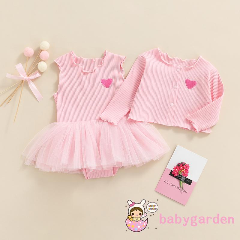 Bộ 2 món đầm liền thân không tay thêu hình trái tim và áo khoác tay dài thời trang cho bé gái