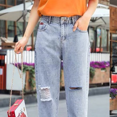 Quần jean nữ Baggy cạp chun gấp gấu rách gối 3 size S M L Macdogi Shop