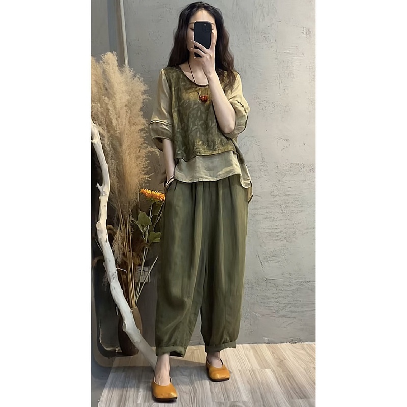 Set Áo Thun Ngắn Tay + Quần Dài Ống Rộng Thời Trang Nữ