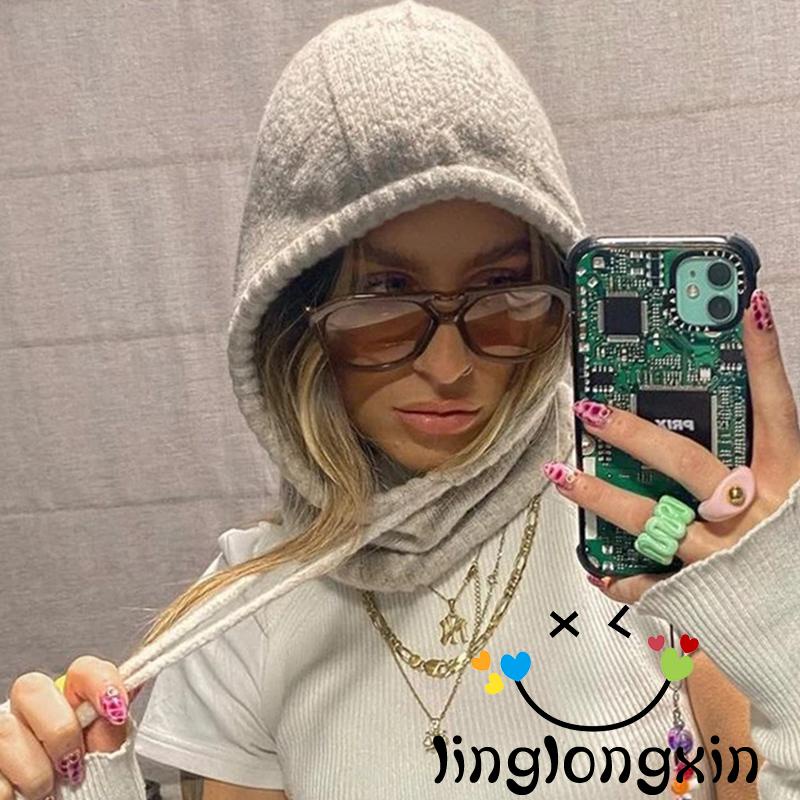 Nón Len Trùm Đầu Kiêm Khăn Choàng Cổ 2-Y2K Giữ Ấm Mùa Đông Thời Trang Đường Phố Cho Nữ