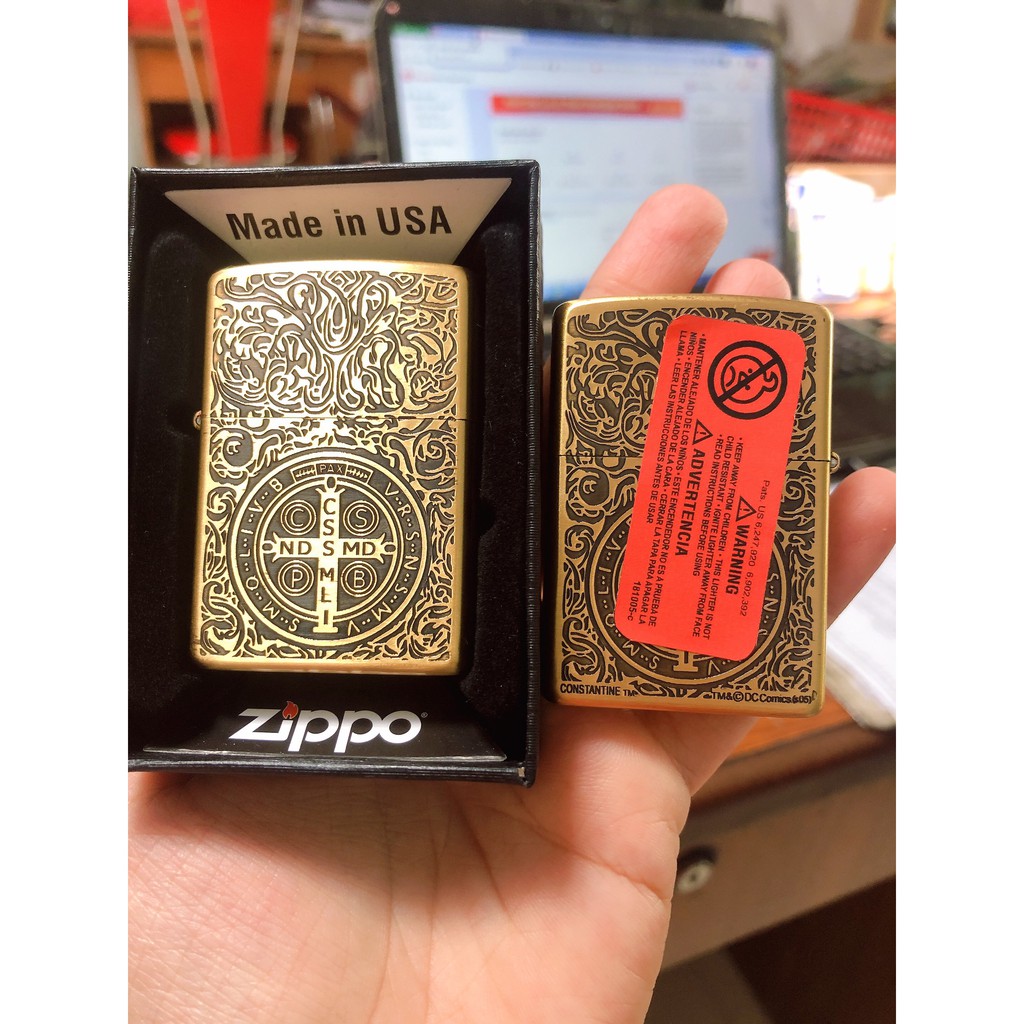 VỎ Bật Lửa Zippo Constantine Thánh Giá Vỏ Đồng - Đáy lồi - Màu Vàng