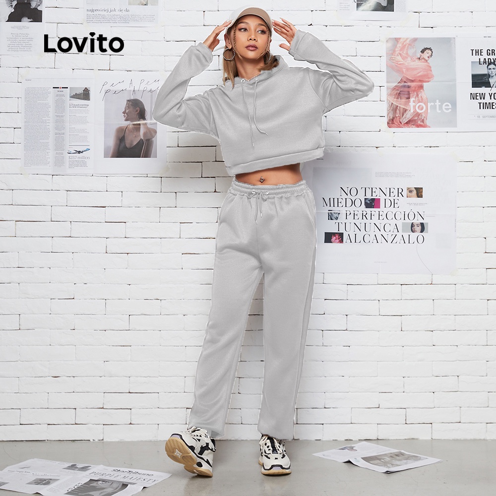 Set đồ Lovito gồm hoodie croptop dây rút mặc thường ngày L08169 (Màu cà phê/xám)