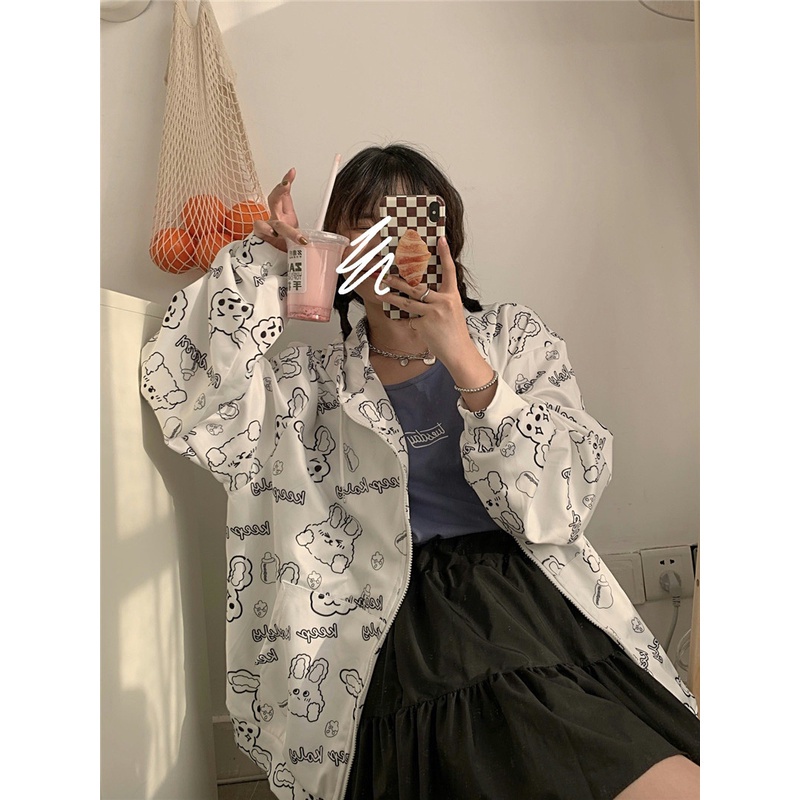 Áo Hoodie Tay Dài Dáng Rộng Phối Khóa Kéo In Họa Tiết Thời Trang Dễ Phối Đồ