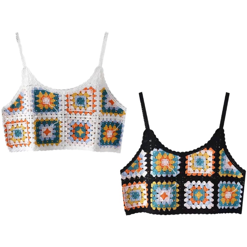 Áo Croptop Hai Dây Dệt Kim Khoét Rỗng Màu Cầu Vồng Cho Nữ