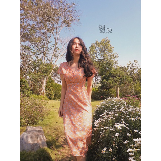 Váy hoa nhí voan bánh bèo xinh She, đầm nữ tiểu thư chữ A dài thiết kế SDX77 | BigBuy360 - bigbuy360.vn