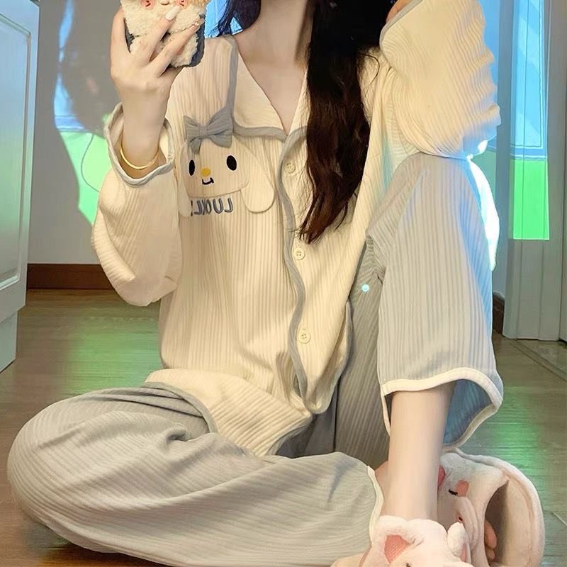 Bộ Cotton Gân Dài Cực Thoải Mái Có Hình Thỏ Thêu Trước Ngực Xinh Xắn Hàng QC Đẹp