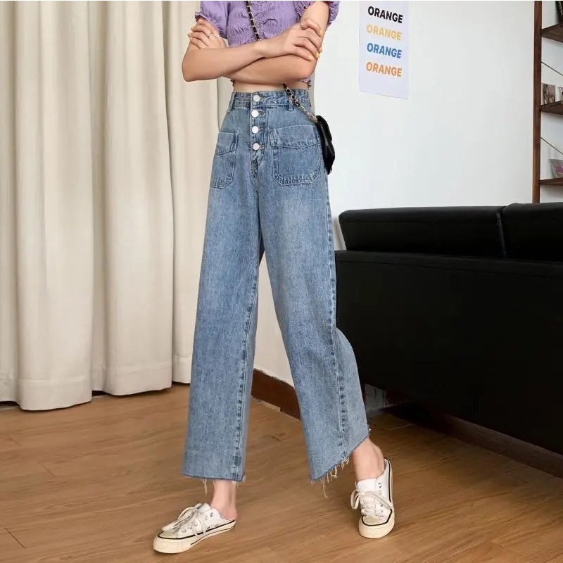 Quần Jean Nữ Màu Xanh Cạp Cao Ống Suông, Quần Bò Ống Đứng Cài Cúc Có Túi Chất Denim Jean Loại 1 Hàng Quảng Châu