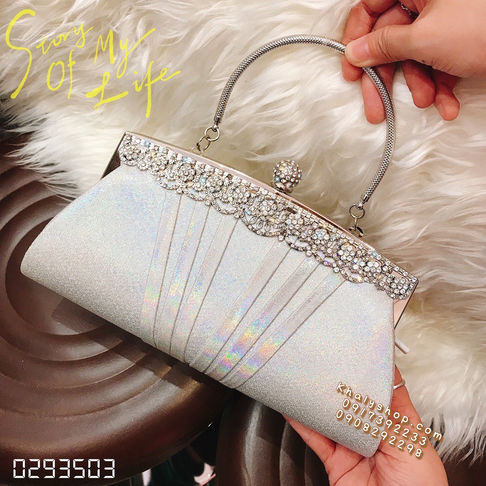 Bóp đầm clutch dạ hội dự tiệc sang trọng đeo chéo xách tay màu trắng ánh hologram họa tiết hột tròn cho bạn nữ - (24x3x1