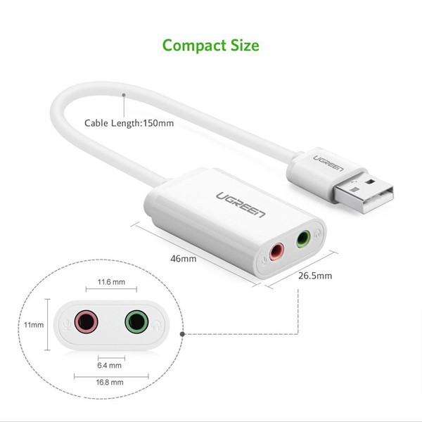 [Mã ELFLASH5 giảm 20K đơn 50K] Cáp chuyển USB ra Sound UGREEN 30143 (jack 3.5mm Headphone và Microphone)