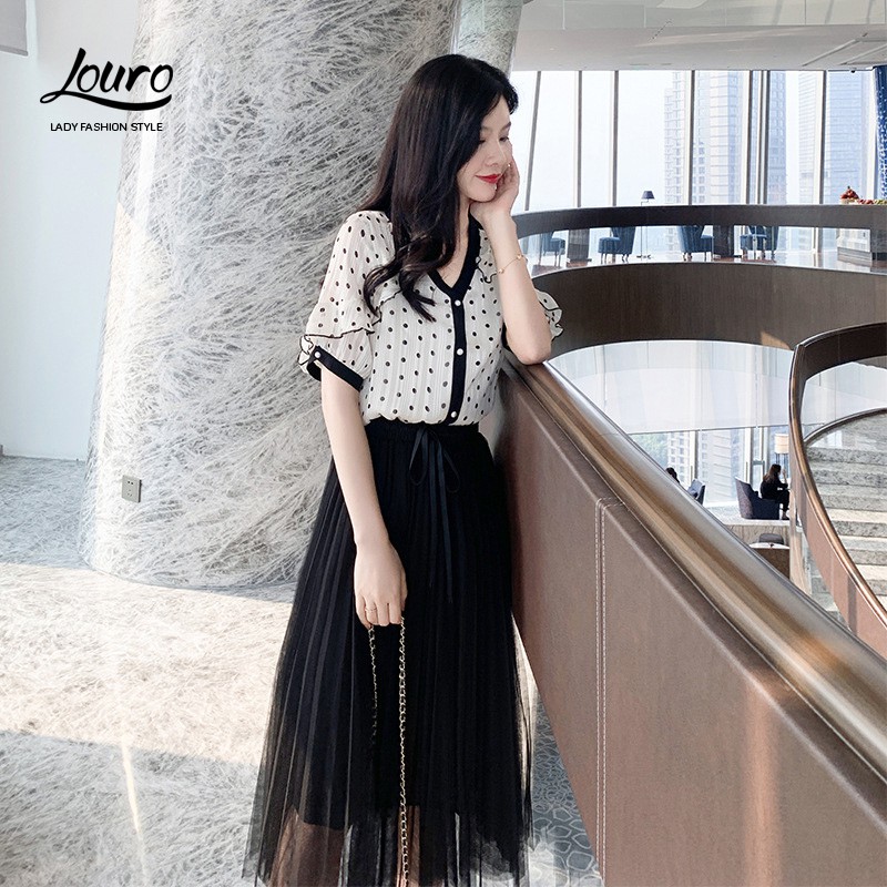 Áo kiểu nữ công sở Louro L203, CÓ ẢNH THẬT kiểu áo sơ mi nữ đẹp, cỗ chữ V, tay ngắn bèo viền đen