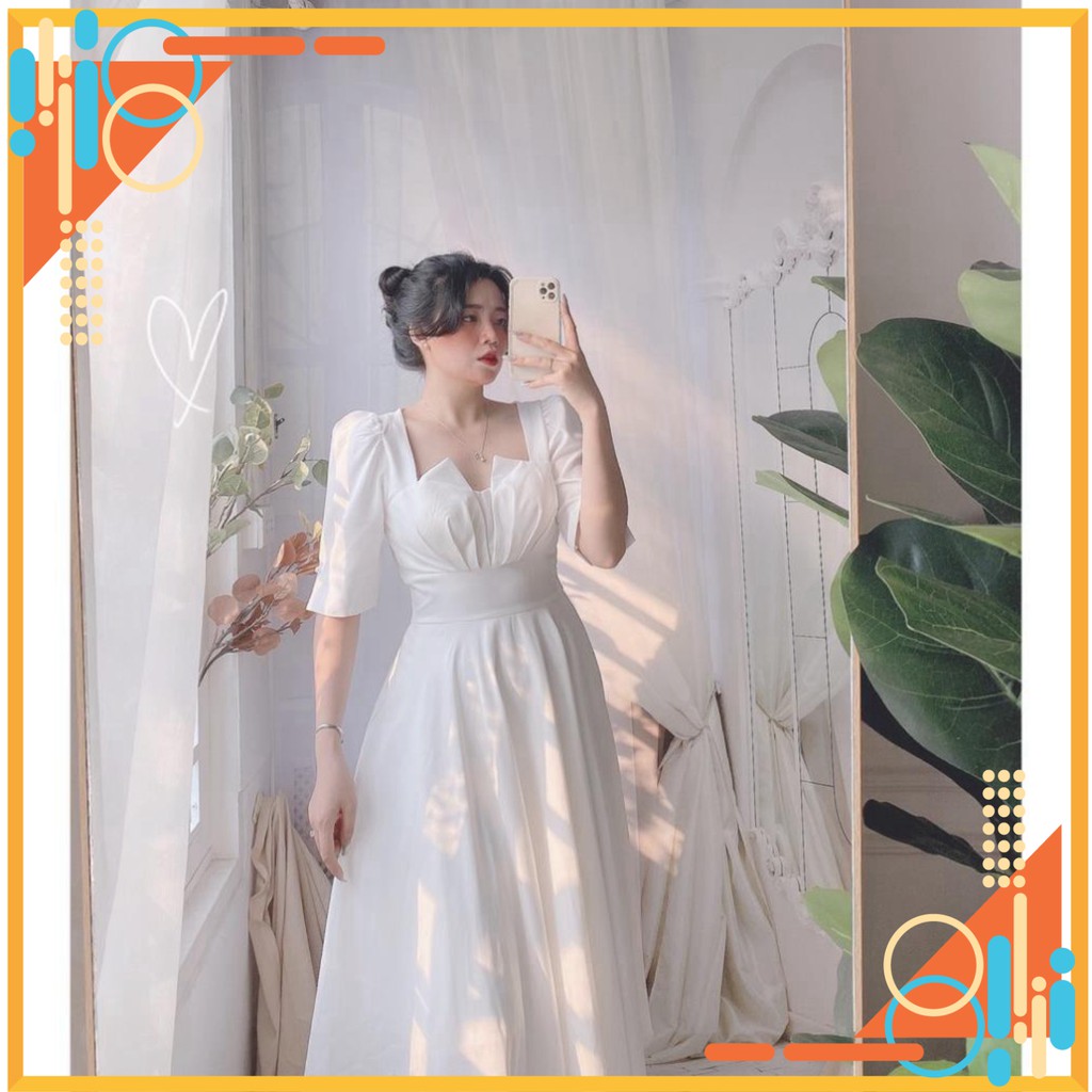 Đầm Váy Xòe Trắng Đi Tiệc Tay Phồng Cúp Ngực Cổ Dáng Dài Với Chất Vải Lụa Mềm Mại Sang Chảnh ⚡ * ! | BigBuy360 - bigbuy360.vn