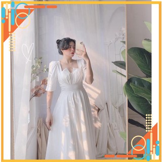 Đầm váy xòe trắng đi tiệc tay phồng cúp ngực cổ dáng dài với chất vải lụa mềm mại sang chảnh ⚡ * !