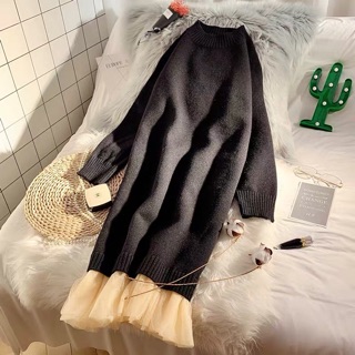 Đầm len mịn dáng suông chân ren