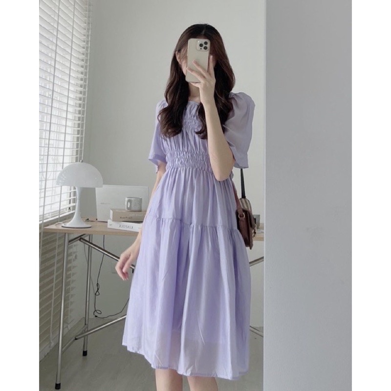 Váy tiểu thư voan tơ dáng midi may rúm tay phồng công chúa dễ thương đi tiệc ăn cưới điệu đà nữ tính kiểu hàn quốc