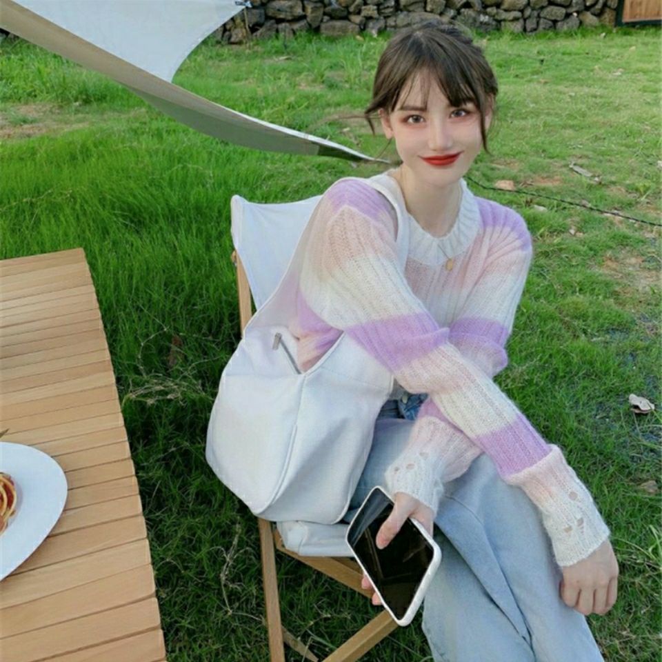 Jiashucheng Áo Sweater Tay Dài Dáng Rộng Ngắn Màu Gradient Phong Cách Hàn Quốc Mùa Thu Cho Nữ