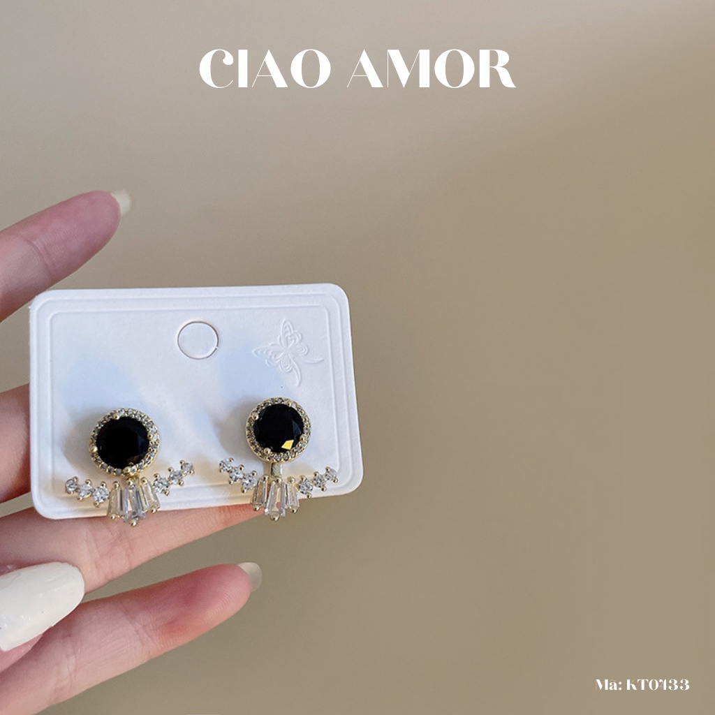 KT0433-Khuyên tai nữ, Bông tai nữ bạc 925 hạt đen đính hai cạnh đá lấp lánh sang trọng